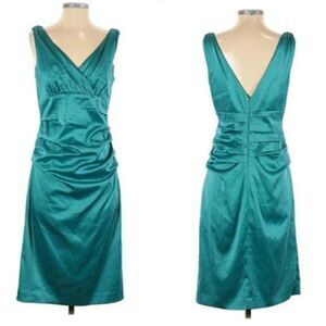 Suzi Chin Dress Y2K Cocktail Ruched‎ Draped Surplice Satin Slip Teal
